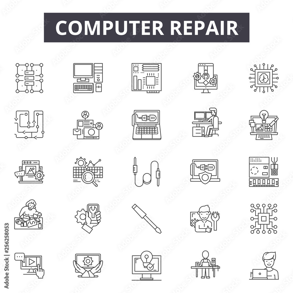 Poster computer repair line icons for web and mobile. editable stroke signs. computer repair outline concep