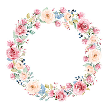 Wreath of watercolor flowers. Round frame with peonies, roses. For greeting card, wedding invitation, poster, stickers and other. Summer holiday design. Hand painting floral border. 