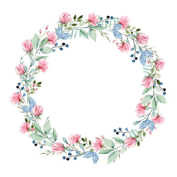 Wreath of watercolor flowers. Round frame with roses. For greeting card, wedding invitation, poster, stickers and other. Summer holiday design. Hand painting floral border. 