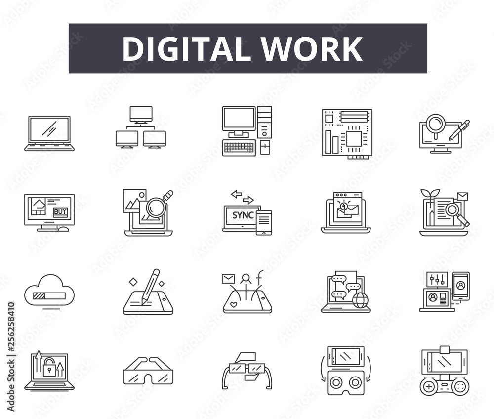 Poster digital work line icons for web and mobile. editable stroke signs. digital work outline concept illu