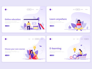 Obraz na płótnie Canvas Set of Landing page templates. Distance education, online courses, e-learning, tutorials. Flat vector illustration concepts for a web page or website.