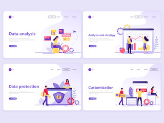 Obraz na płótnie Canvas Set of Landing page templates. Data analysis, strategy, protection, customization. Flat vector illustration concepts for a web page or website.