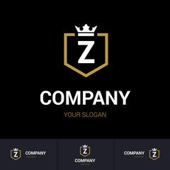 Illustration of Shield Badge-Shape with letter Z in the Middle and Luxury Crown. Logo Icon Template for Web and Business Card, Letter Logo Template on Black Background