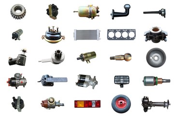 Auto spare parts car on the white background. Set with many isolated items for shop or aftermarket
