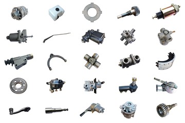 Auto spare parts car on the white background. Set with many isolated items for shop or aftermarket
