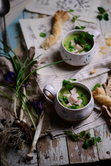 Minted, ham and pea cream soup