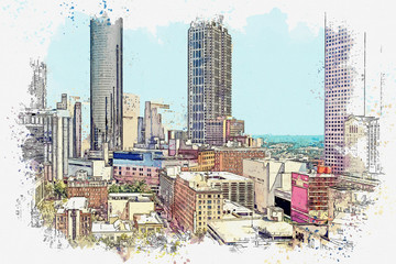 Watercolor sketch or illustration of a beautiful view of modern architecture in Atlanta in America