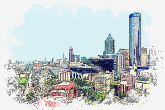 Watercolor sketch or illustration of a beautiful view of modern architecture in Atlanta in America