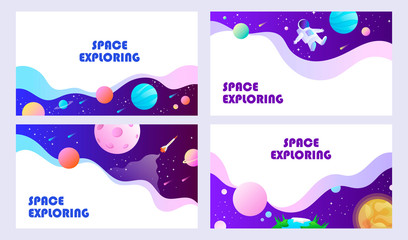 Set of templates for web banner, landing, card, flyer, presentation. Space explore. Children cartoon vector illustration.