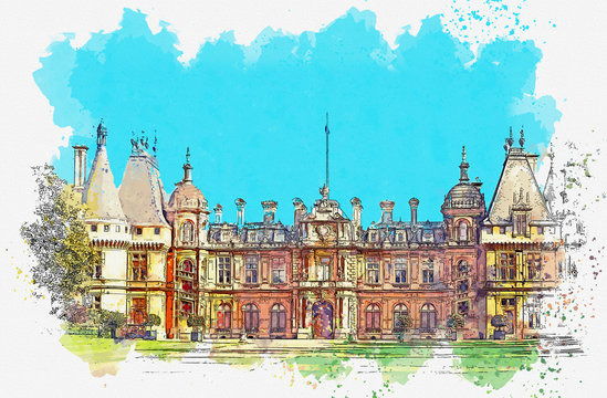 Watercolor sketch or illustration of the view on the Waddesdon Manor House in England. Old castle