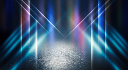 Background empty street at night. Wet asphalt, reflection of neon multi-colored light. Fog, smoke