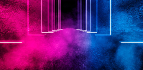Background of an empty corridor with neon lines and colored smoke