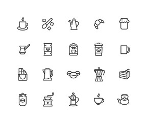 Simple Set of Coffee Vector Line Icons. Contains such Icons as coffee bag, croissant, teapot, cake, chocolate and more. Editable vector stroke. 48x48 Pixel Perfect.