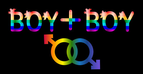 Boy plus boy - inscription in rainbow letters, lgtb concept
