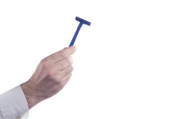 Hand holding razor blue isolated on white background