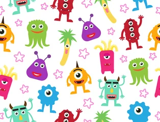 Wall murals Monsters Seamless pattern of cute cartoon monsters background - Vector illustration 