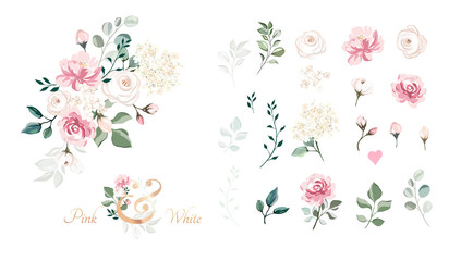 Set of floral branch. Flower pink rose, green leaves. Wedding concept with flowers. Floral poster, invite. Vector arrangements for greeting card or invitation design