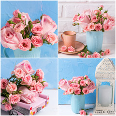 Collage from photos with beautiful pink roses flowers on white and blue background.