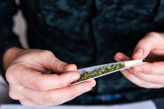 Drug use. Close up . Man rolling a marijuana joint. Man preparing and rolling marijuana cannabis joint. Close up of addict lighting up marijuana joint with lighter. Drugs narcotic concept.