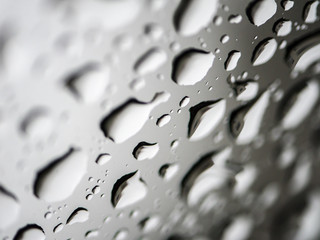 Rain water drops on glass background. Realistic clear water drop bubbles window surface