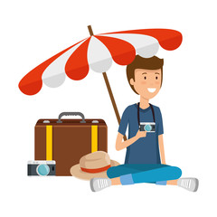 tourist man with suitcase and umbrella