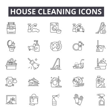 House cleaning line icons for web and mobile. Editable stroke signs. House cleaning  outline concept illustrations