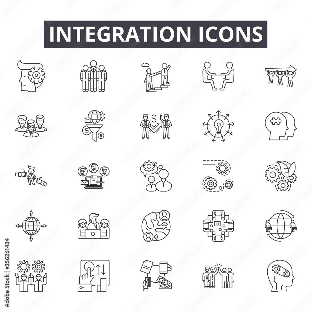 Poster integration line icons for web and mobile. editable stroke signs. integration outline concept illust