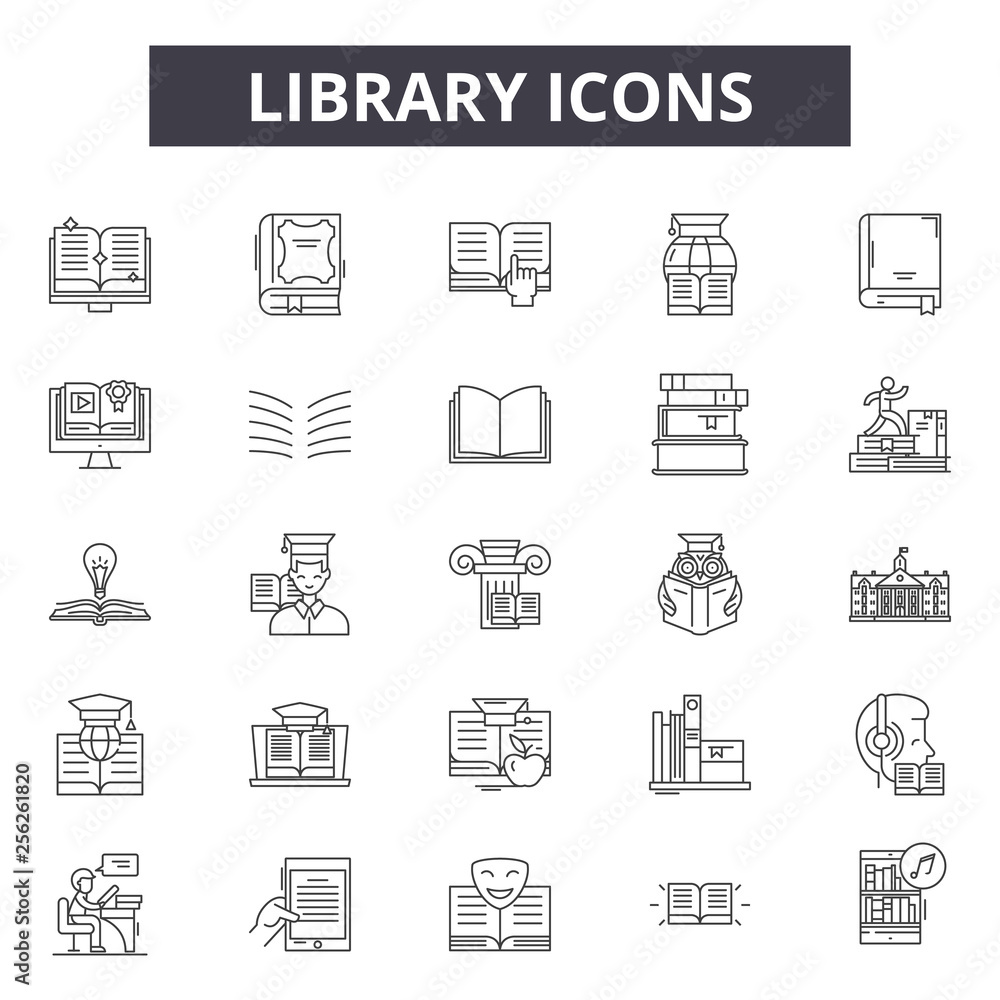 Poster library line icons for web and mobile. editable stroke signs. library outline concept illustrations