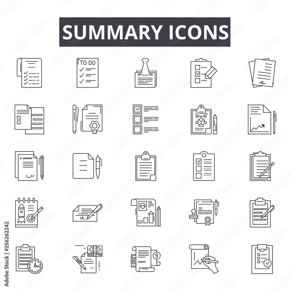 Poster summary line icons for web and mobile. editable stroke signs. summary outline concept illustrations