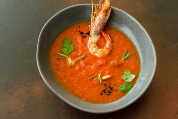 Gazpacho with prawns. Close up of a spanish cold vegetable soup gazpacho