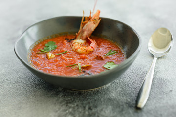 Gazpacho with prawns. Close up of a spanish cold vegetable soup gazpacho