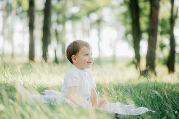 Portrait of a young boy with light hair and blue eyes in a white shirt against a green forest background