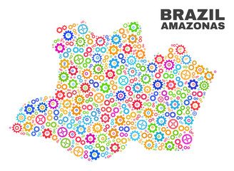 Mosaic technical Amazonas State map isolated on a white background. Vector geographic abstraction in different colors. Mosaic of Amazonas State map combined of random multi-colored cog elements.
