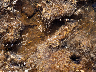 The texture of the land in the ice. Brown earth in winter. Land in the ice. Sunny and frosty day.