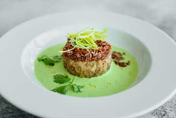 Meat dish with rice, onions slices, greens and sauce