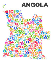 Mosaic technical Angola map isolated on a white background. Vector geographic abstraction in different colors. Mosaic of Angola map combined of scattered colorful gear items.