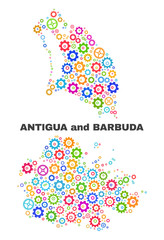 Mosaic technical Antigua and Barbuda map isolated on a white background. Vector geographic abstraction in different colors.