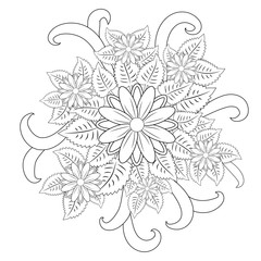 Black and white circle flower ornament, ornamental round lace design. Floral mandala