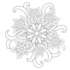 Fototapeta premium Black and white circle flower ornament, ornamental round lace design. Floral mandala