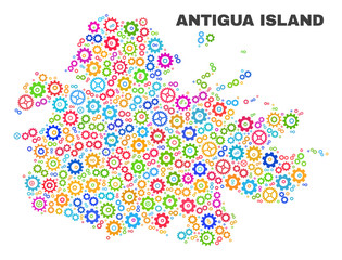 Mosaic technical Antigua Island map isolated on a white background. Vector geographic abstraction in different colors. Mosaic of Antigua Island map combined of scattered multi-colored cogwheel items.