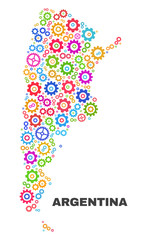 Mosaic technical Argentina map isolated on a white background. Vector geographic abstraction in different colors. Mosaic of Argentina map combined of random bright cogwheel items.