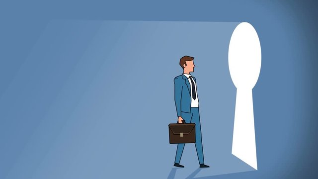 Flat cartoon businessman character walk entering to the exit keyhole success concept animation