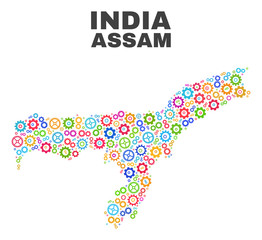 Mosaic technical Assam State map isolated on a white background. Vector geographic abstraction in different colors. Mosaic of Assam State map designed from scattered multi-colored cogwheel elements.