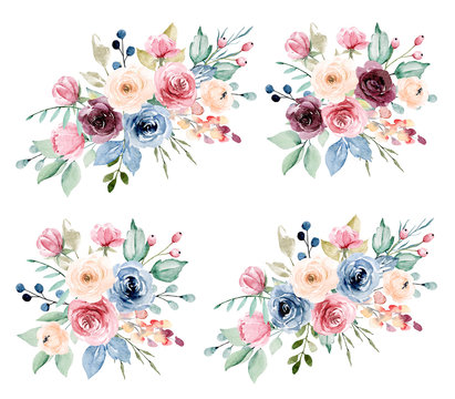 Watercolor flowers set, bouquets. Burgundy, yellow, indigo and pink peonies, roses. For greeting card, wedding invitation, poster, stickers and other. Isolation on white. Hand painting.