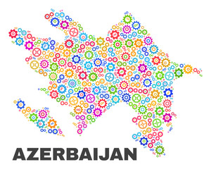 Mosaic technical Azerbaijan map isolated on a white background. Vector geographic abstraction in different colors. Mosaic of Azerbaijan map combined of scattered multi-colored gear elements.