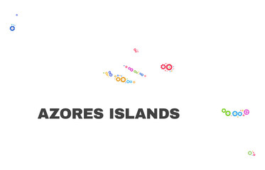 Mosaic technical Azores Islands map isolated on a white background. Vector geographic abstraction in different colors. Mosaic of Azores Islands map combined of scattered multi-colored cog elements.