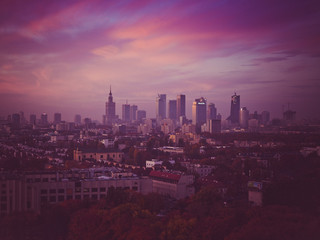 Naklejka na ściany i meble Beautiful colors sunset sunrise in Warsaw Poland with skyline buildings