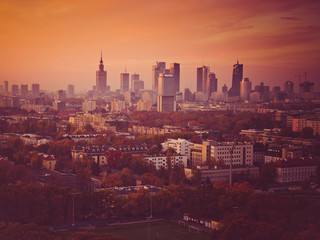Beautiful colors sunset sunrise in Warsaw Poland with skyline buildings