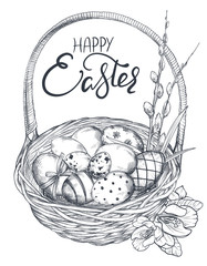 Vector illustration of hand drawn ornate eggs and spring flowers in the basket.