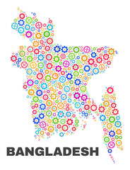 Mosaic technical Bangladesh map isolated on a white background. Vector geographic abstraction in different colors. Mosaic of Bangladesh map designed from scattered bright cogwheel items.